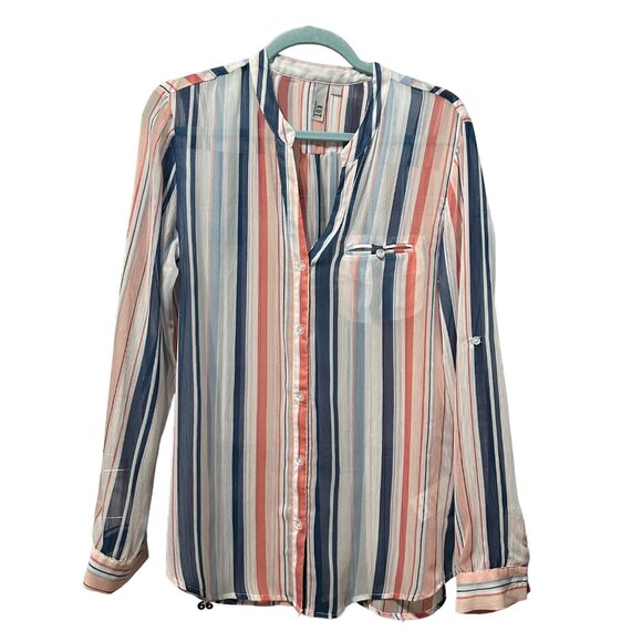 Kut from the Kloth Tops - Kut From the Kluth size L blue stripe sheer button front v neck long sleeve top